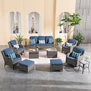 Joyoung Gray 10-Piece Wicker Outdoor Patio Conversation Seating Set with Denim Blue Cushions and Swivel Rocking Chairs