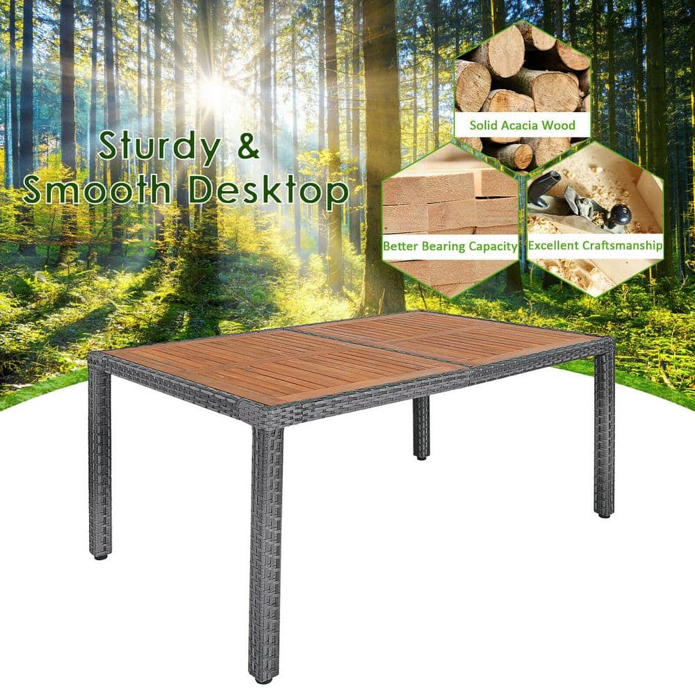 Gray and Beige 6-Person Rattan Dining Set with Acacia Wood Table