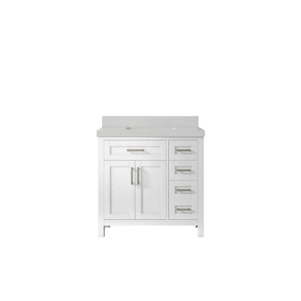 Willow Collections Cambridge 36 in. W x 22 in. D x 36 in. H Center Sink Bath Vanity in White with 2 in. Carrara Quartz Top