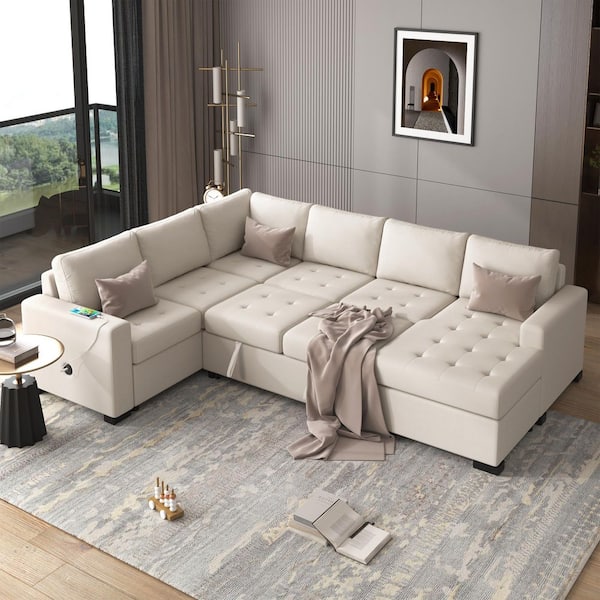 Harper & Bright Designs 115.6 in. Corduroy U-Shape Sectional Sofa in Beige with Hidden Storage Lounge, USB Charging, Pull-out Sofa