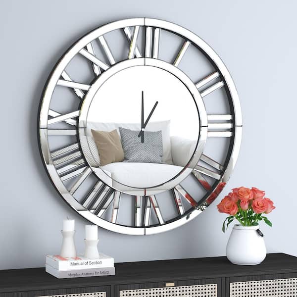 THKSHOUZ Elegant Silver 34 in. W x 34 in. H Round Wall Clock