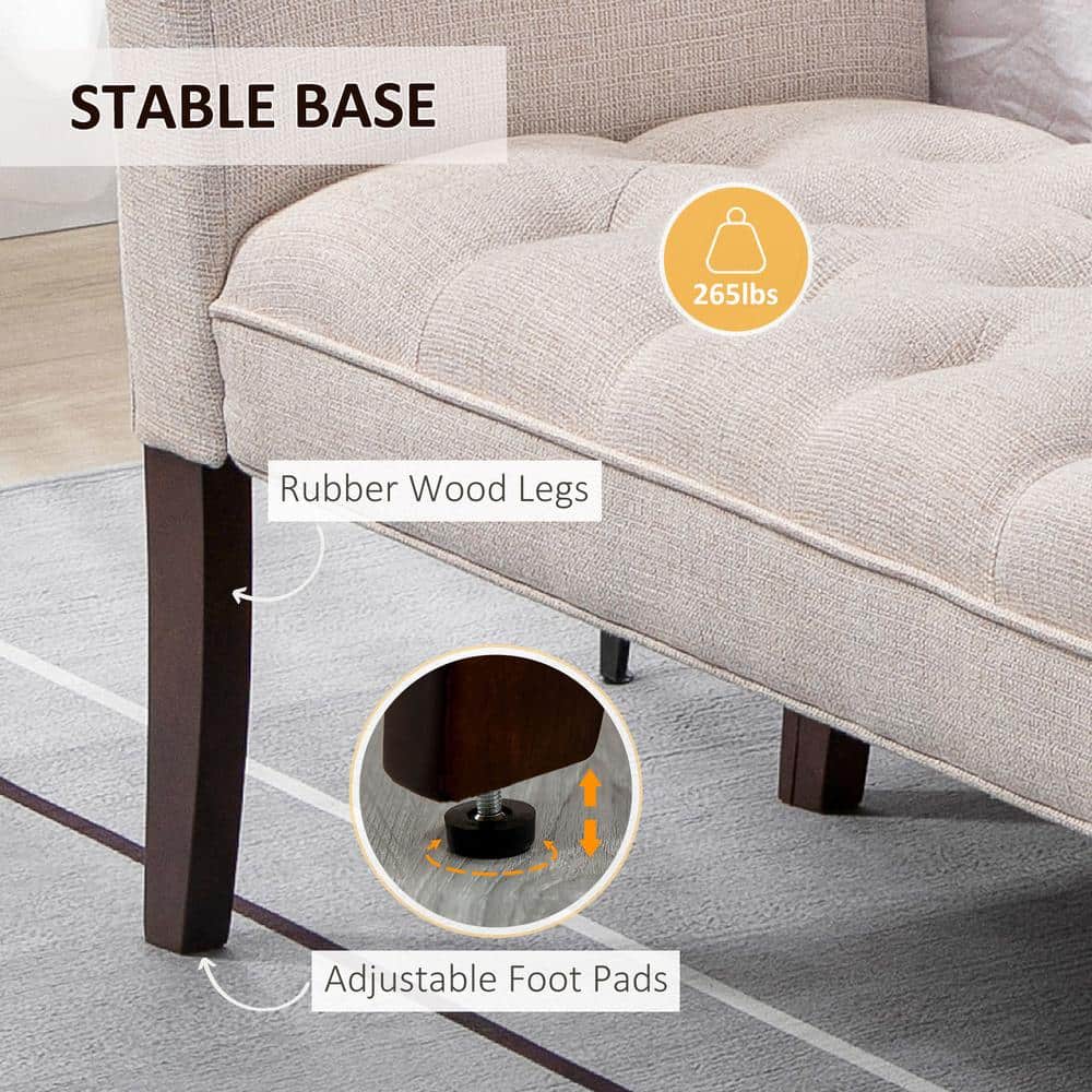 Beige Upholstered Bench with Flared Arms and Wood Legs