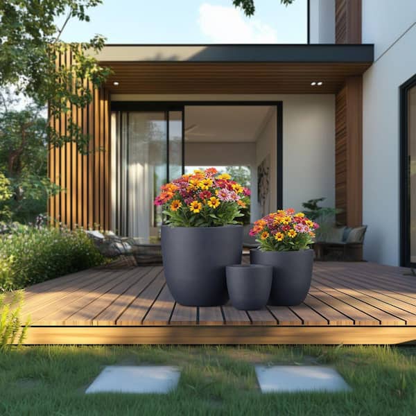 10 in. 14 in. 18 in. Granite Gray(Enhanced Core) Concrete Round Planter / Pot with Drainage Holes (3-Pack)