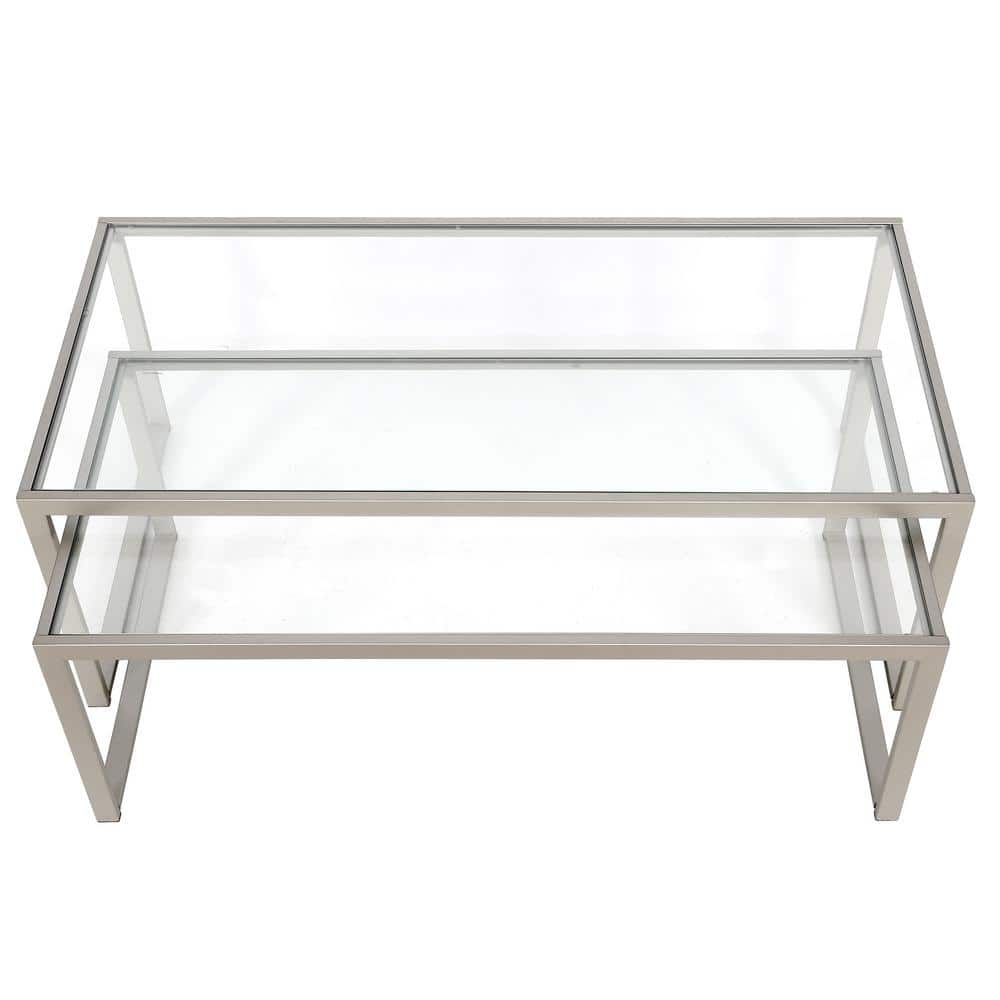 Satin Nickel Rectangular Nesting Coffee Table Set with Glass Tops