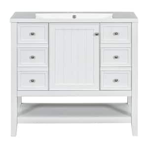 36 in. W x 18 in. D x 34.1 in. H Single Sink Bath Vanity in White with White Ceramic Top, 3 Drawers and Open Shelf