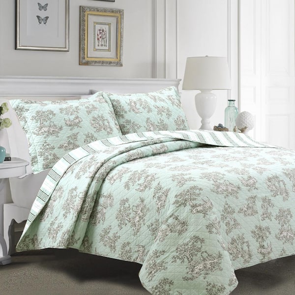 Floral Bouquets and Striped Printed Cotton Chintz - Dusty Teal