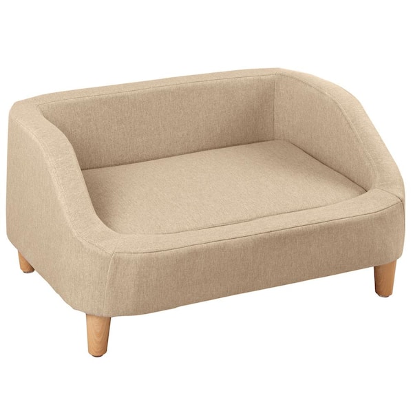 Small 37 in. Beige Pet Sofa Dog Sofa Cat Sofa Cat Bed Pet Bed Dog Bed Rectangle with Movable Cushion and Wood Style Foot