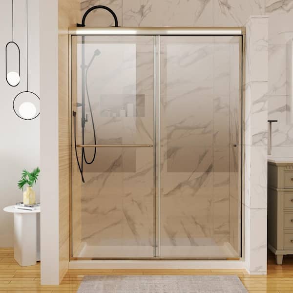 JimsMaison 54 in. W x 72 in. H Sliding Semi-Frameless Shower Door in Brushed Nickel Finish with Clear Glass