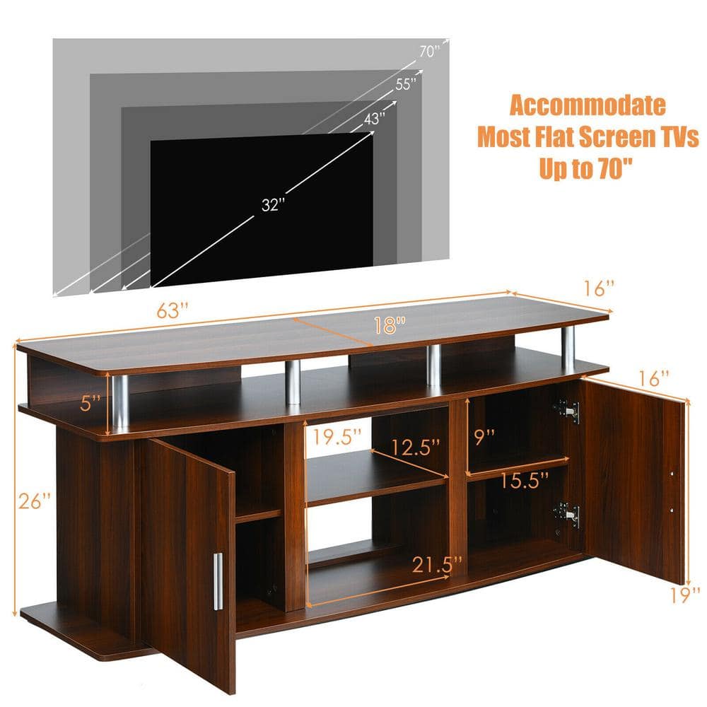 Walnut 63 Inch TV Stand with Cabinets and Fireplace Option