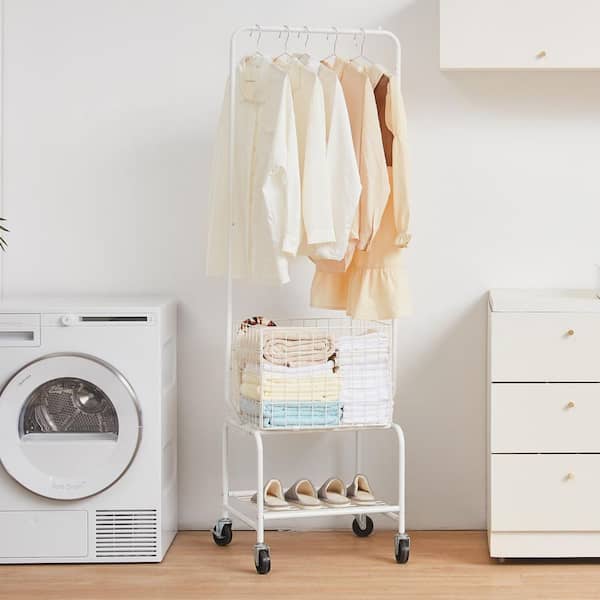 Metal Rolling Laundry Basket with Hanging Garment Rack, Height Adjustment Laundry Hamper Cart White Kitchen Cart