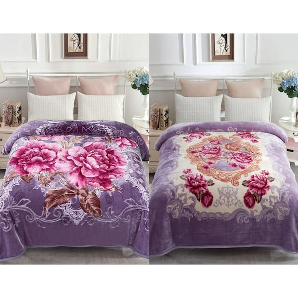 JML Light Purple Flower 83"x91" Reversible Printed Polyester Fleece Mink Warm Thick Winter Blanket
