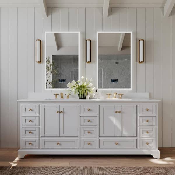 Ancerre Designs Audrey 84 in. W x 22 in. D x 34.3 in. H Double Sinks Bath Vanity in White with Alpine White Quartz and Gold Hardware