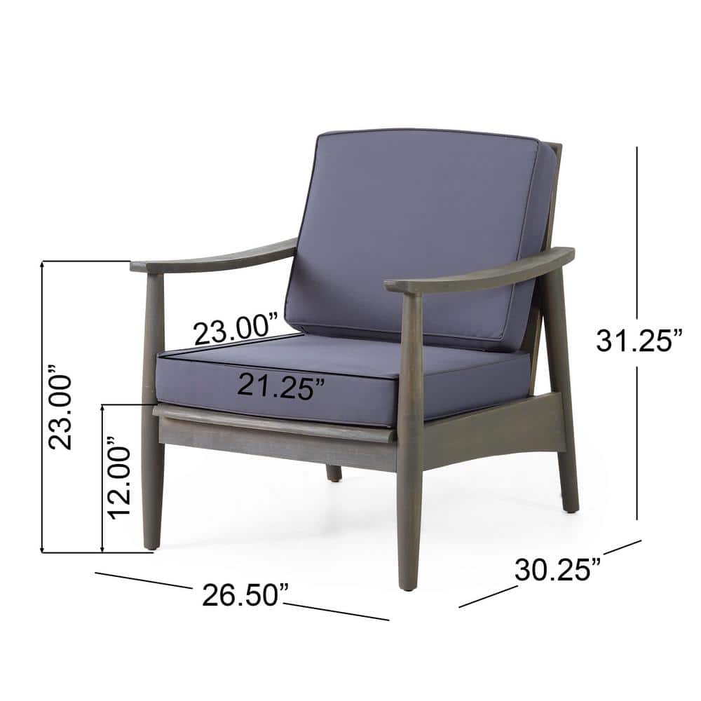 Gray Acacia Wood Outdoor Lounge Chairs with Dark Gray Cushions, Set of 2