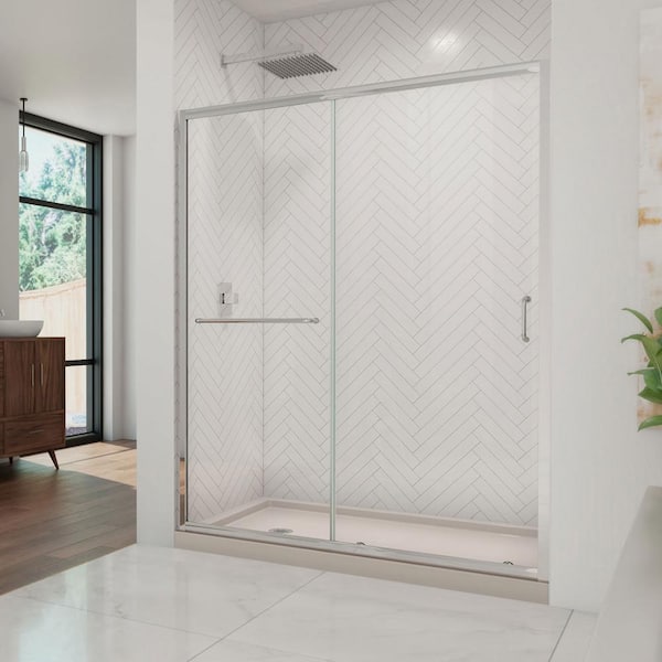 DreamLine Infinity-Z 36 in. x 60 in. Semi-Frameless Sliding Shower Door in Chrome with Left Drain Shower Pan Base in Biscuit