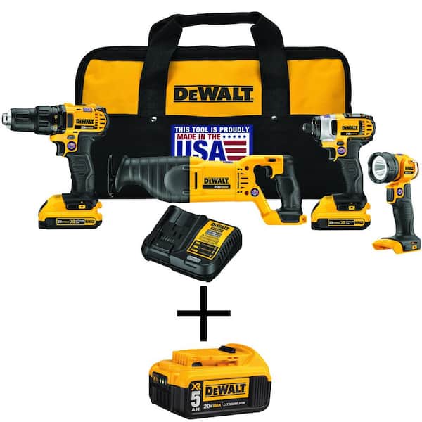 20-Volt MAX Lithium-Ion Cordless Combo Kit (4-Tool) with Bonus  5.0Ah Premium Li-Ion Battery Pack