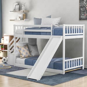 White Twin Over Twin Bunk Bed with Convertible Slide and Stairway
