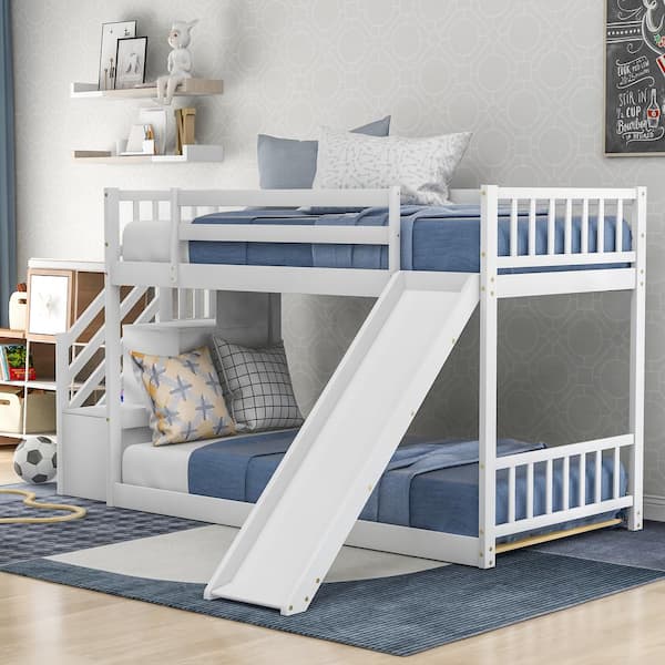 Qualler White Twin Over Twin Bunk Bed with Convertible Slide and Stairway