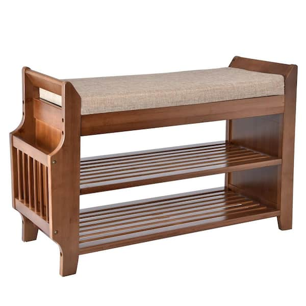 Solid L-Shape Shoe Rack Detachable 3 Tier Bamboo Shoe Bench with