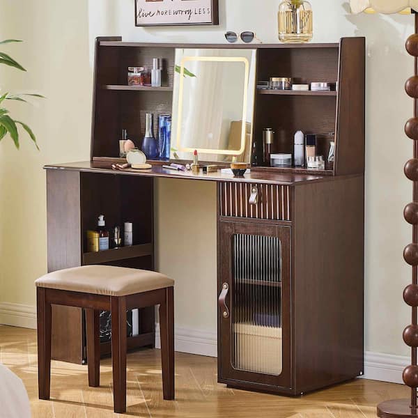 2-Piece Walnut Makeup Vanity Set with 3-Modes Adjustable Lighted Mirror, Large Shelves, Drawer and Canbinet