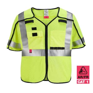 Arc-Rated/Flame-Resistant Small/Medium Yellow Mesh Class 3 Breakaway High Vis Safety Vest with 10-Pockets and Sleeves