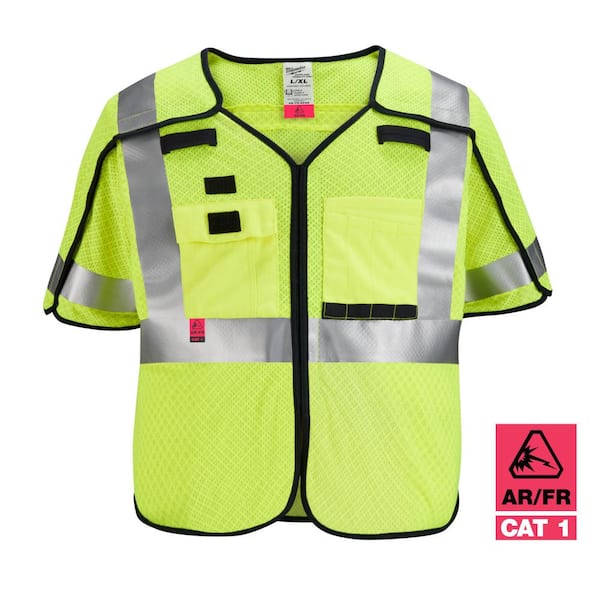 Milwaukee Arc-Rated/Flame-Resistant 4X-Large/5X-Large Yellow Mesh Class 3 Breakaway High Visy Safety Vest w/10-Pockets and Sleeves