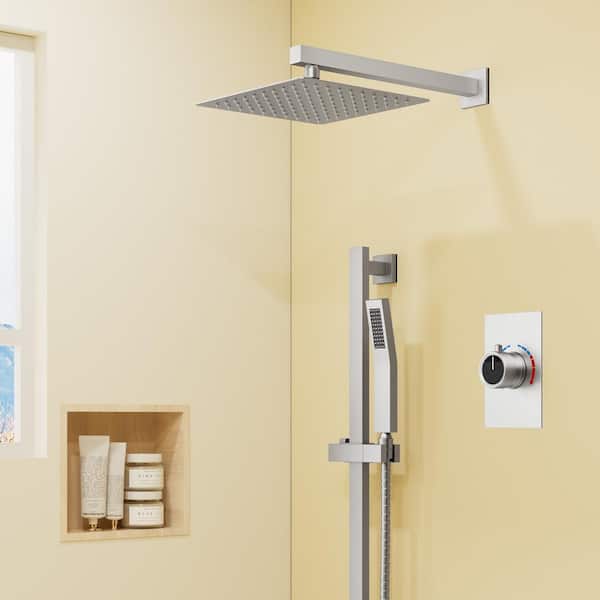 YAWWALK Single Handle 2-Spray Wall Mount 10 in. Square Shower Head Shower Faucet with High Pressure in. Brushed Nickel
