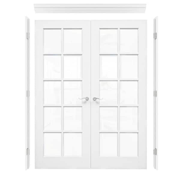 60 in. x 80 in. 10-Lite Clear Glass Universal White Solid Core Wood Ready to Assemble French Door with Separate Jamb
