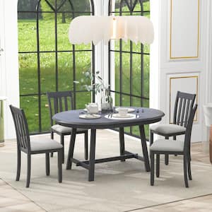 5-Piece Gray Round MDF Veneer Acacia Top Dining Table Set with Extendable Table and 4-Chairs
