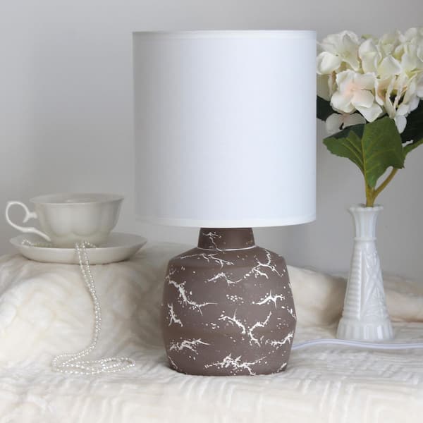 13.78 in. Marble-Inspired Ceramic Table Lamp, Taupe Base w/Fabric Shade for Compact Accent Lighting