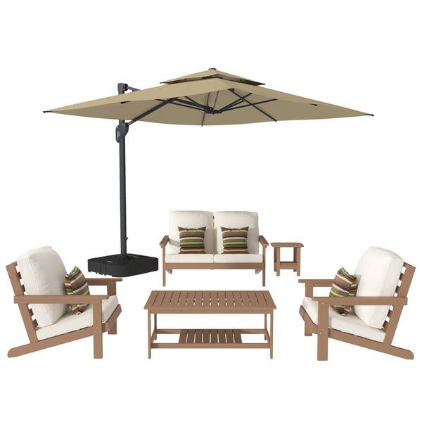 Mondawe 6-Piece Plastic Patio Conversation Set Deep Seating Set Lounge Chair Coffee Table with Cantilever Umbrella and Cushion