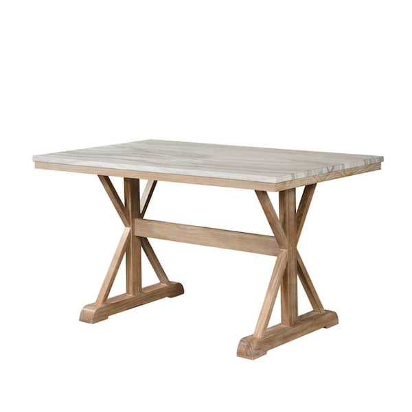 Best Quality Furniture Yolanda Rectangular Rustic Wood Top 38 in. Double Pedestal Base Dining Table 6-Seating.