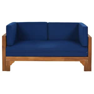 Patio Extendable Brown Wood Outdoor Day Bed with Thick Blue Cushions
