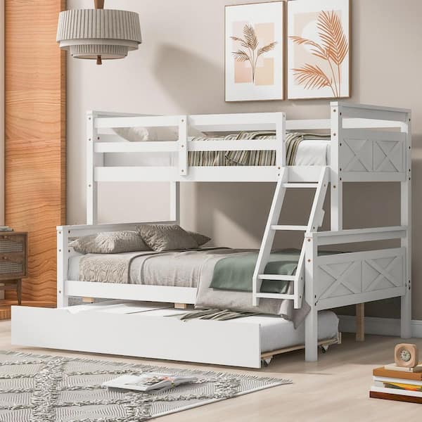 White Twin Over Full Bunk Bed with Ladder and Twin Trundle