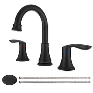 8 in. Widespread Double Handle Bathroom Faucet with Drain Kit Included 3-Holes Brass Sink Basin Faucets in Matte Black