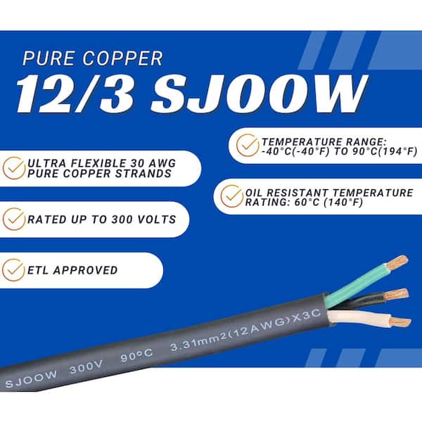 5 FT 12/3 SJOOW SJ SJO SJOW BLACK RUBBER CORD