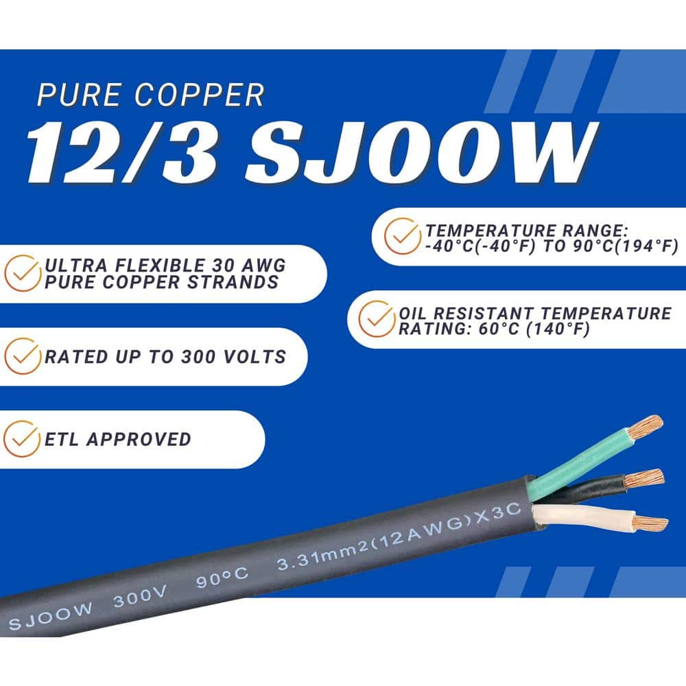 15 ft Black SJOOW 12 Gauge Copper Conductor Power Cable