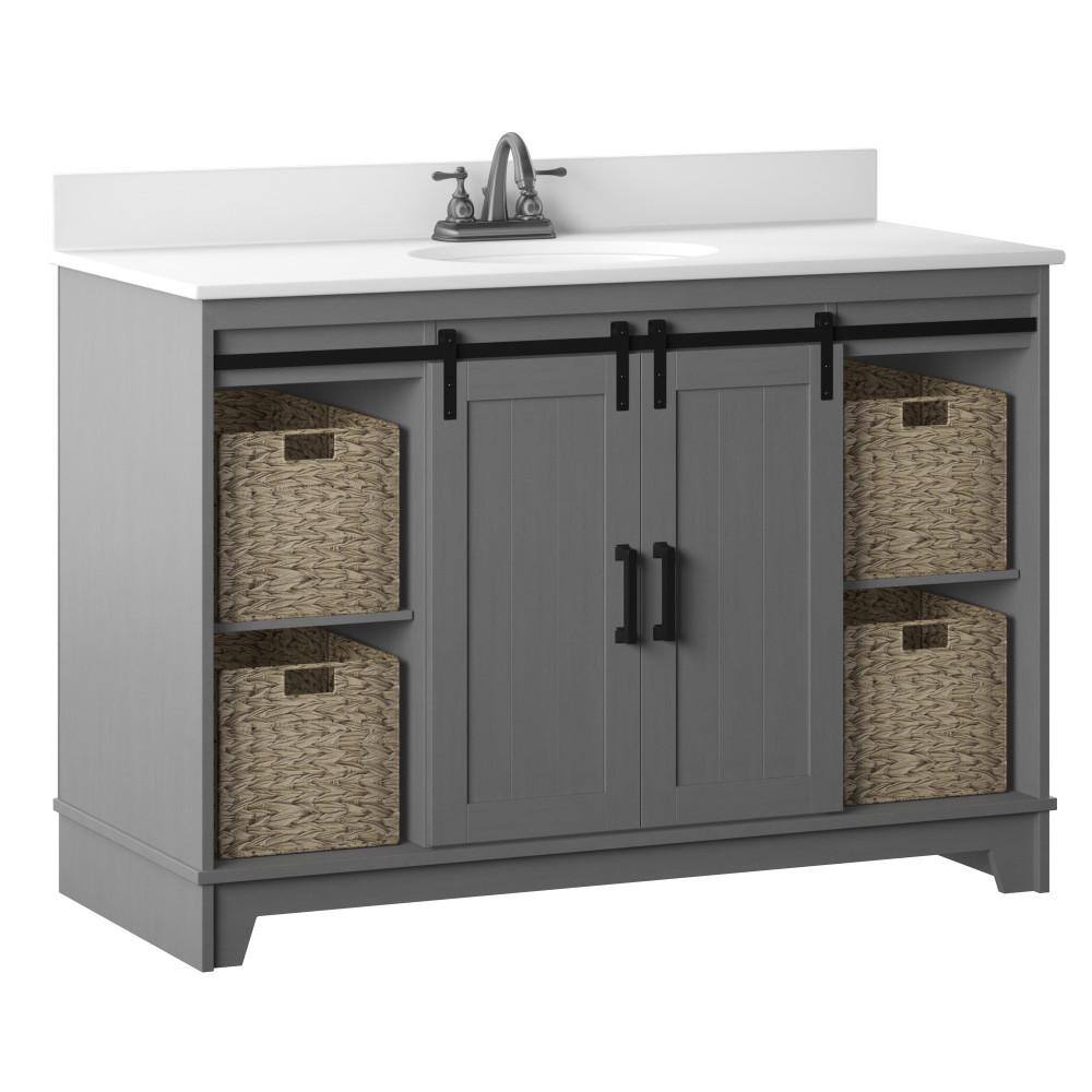 Twin Star Home 49 in. W x 22 in. D x 37.88 in. H Single Bath Vanity in Antique Gray with White Marble Top and Sliding Barn Door