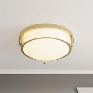 13 in. 2-Light Industrial Gold Flush Mount Farmhouse Close to Ceiling Light Fixture with White Glass Shade