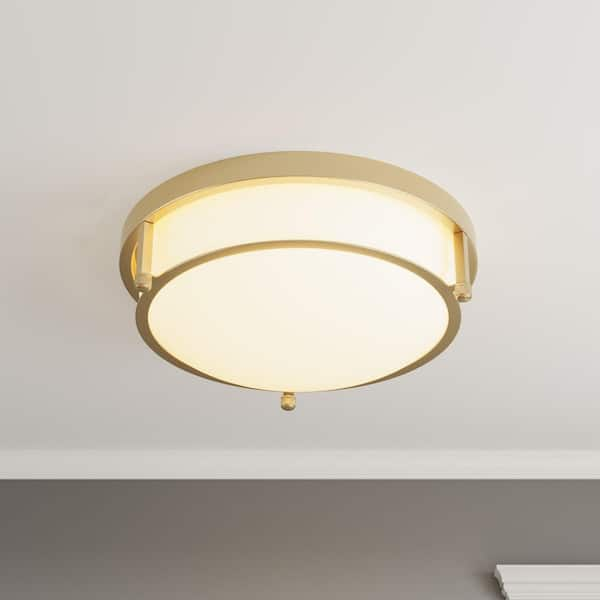 13 in. 2-Light Industrial Gold Flush Mount Farmhouse Close to Ceiling Light Fixture with White Glass Shade