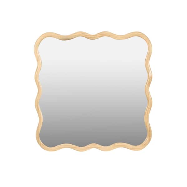 Tatahance Natural 36 in. W x 36 in. H Modern Wavy Square Wood Decor Wall Mirror