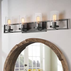 Industrial Gray 4-Light Vanity Light with Clear Seeded Glass Shade for Bathroom Powder Room