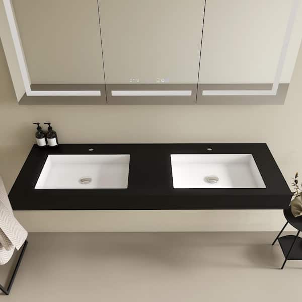 Vetra 59 x 19 in. Solid Surface Wall Mount or Countertop Bathroom Double Vessel Sink with Faucet Holes in Black