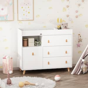 White 4-Drawers Wood 44.9 in. W Kids Low Dresser Changing Table Dresser with, Changing Table, Open Shelf