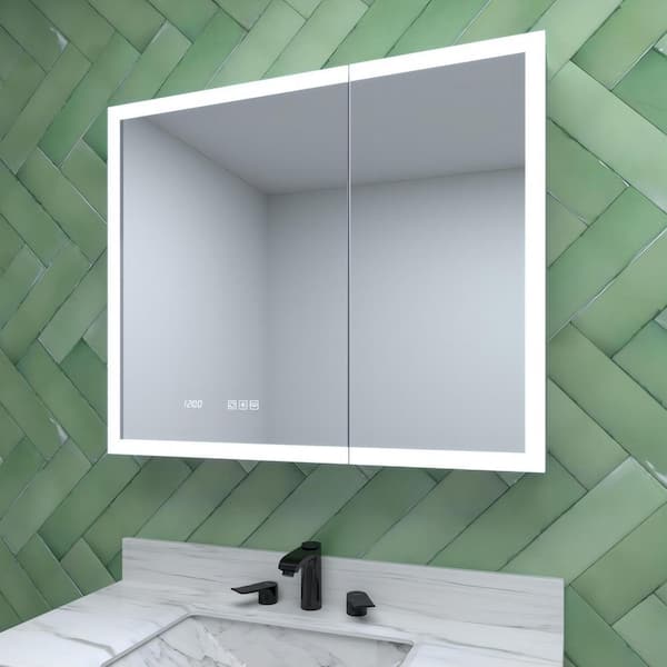 36 in. W x 30 in. H Rectangular Silver Aluminum Recessed/Surface Mount Medicine Cabinet with Mirror, LED and Clock