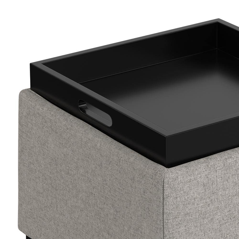 Cloud Grey Polyester Linen Storage Ottoman with Tray