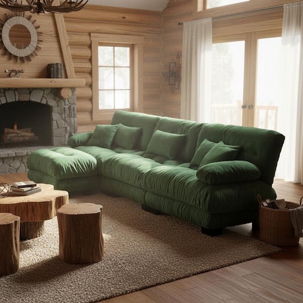 MINH 133.8 in. Pillow Top Arm 4-piece Chenille Modular L-Shaped Deep Seat Sectional Sofa with Ottoman in Emerald Green