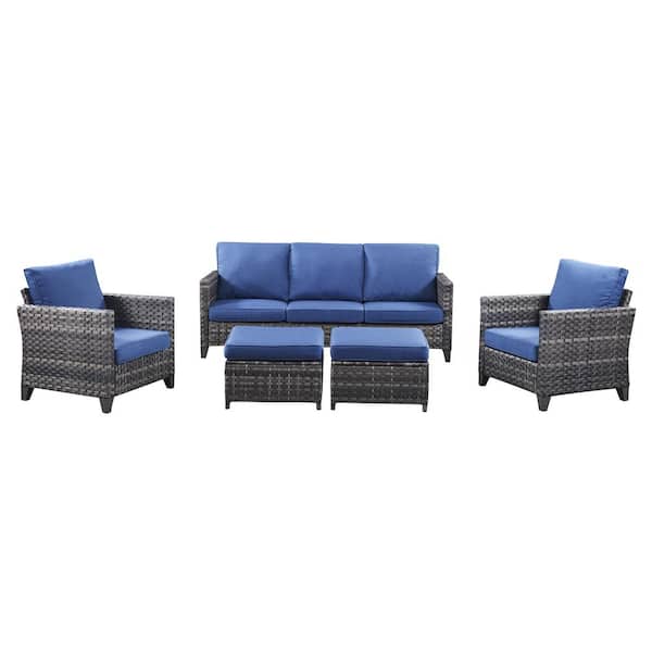 Unbranded Serga 5-Piece Gray Wicker Outdoor Patio Conversation Seating Set with Blue Cushions