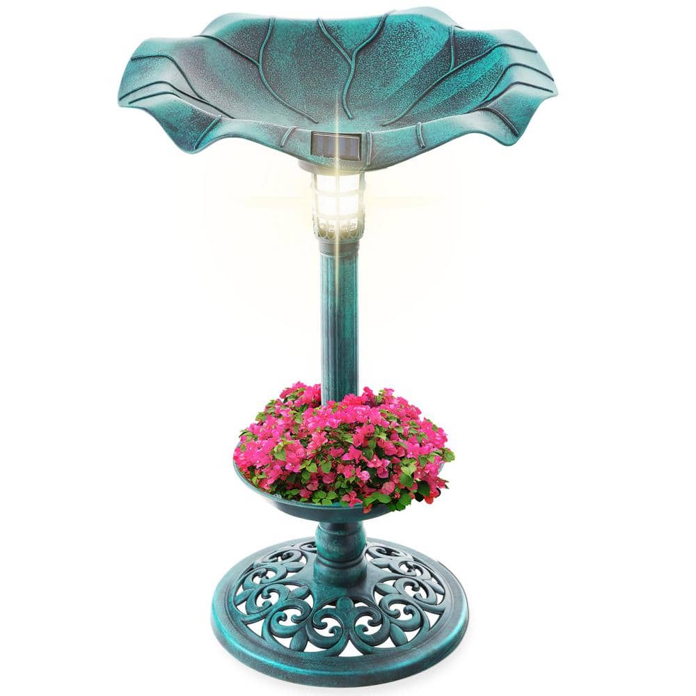 Best Choice Products Green Solar Lighted Pedestal Birdbath w/Planter, Integrated Panel
