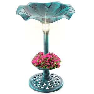 Green Solar Lighted Pedestal Birdbath w/Planter, Integrated Panel