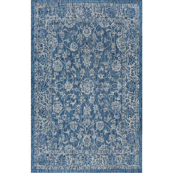 Tela Bohemian Navy/Gray 5 ft. 3 in. x 7 ft. 7 in. Textured Weave Floral Indoor/Outdoor Area Rug